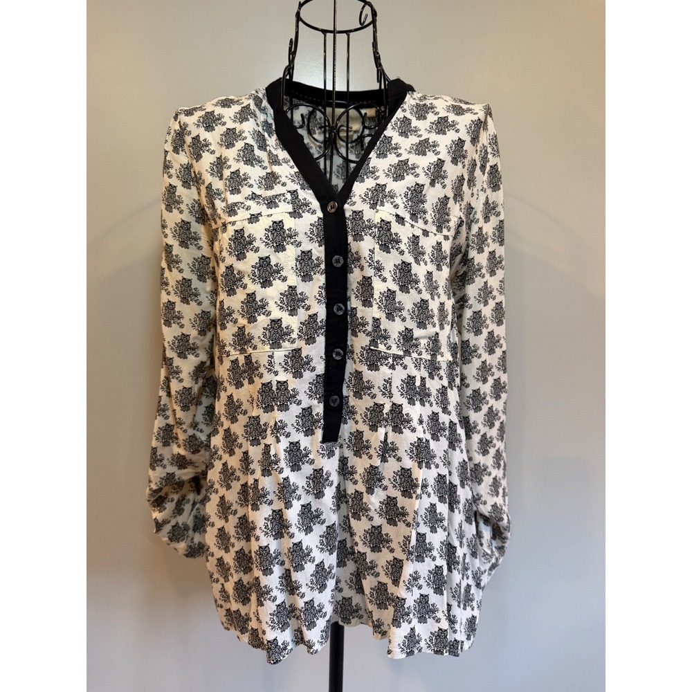 Vanessa Virginia Anthropologie Owl Print Tunic Blouse Black White Size 2